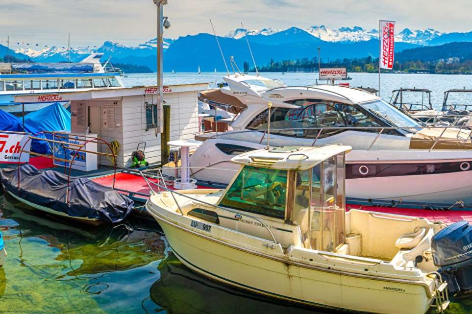 Motorboats and boats at the marina jigsaw puzzle online