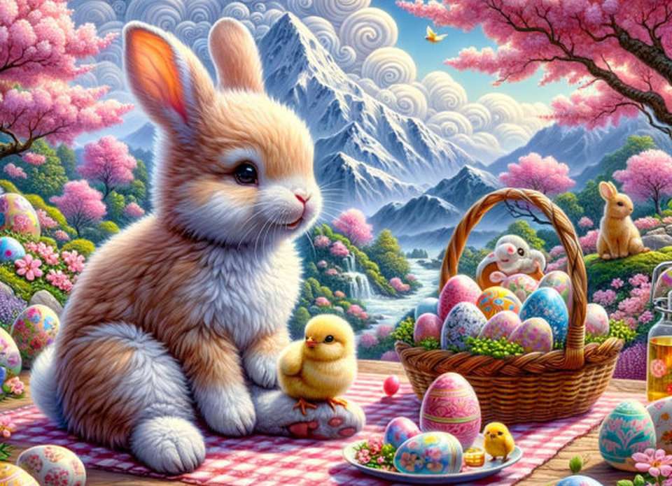 Happy Easter with bunnies and eggs jigsaw puzzle online