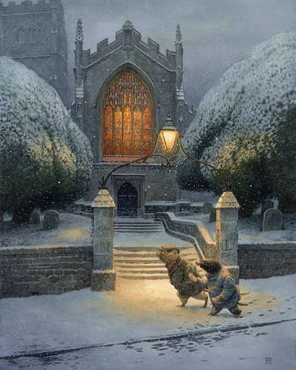em frente à igreja à noite na neve puzzle online