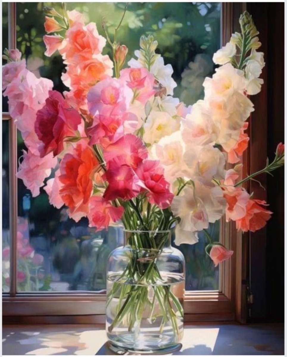 Gyönyörű virágok üvegvázában kirakós online
