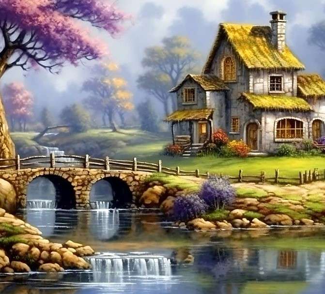 A river with a bridge in the countryside jigsaw puzzle online