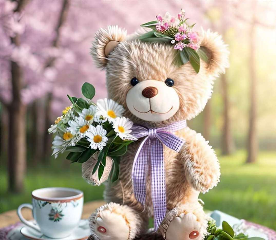 Ведмедик дарує квіти онлайн пазл