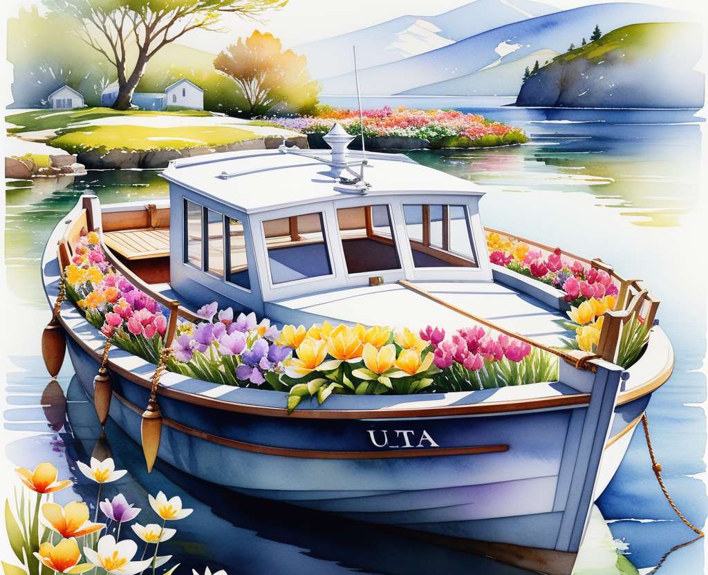 Човен з весняними квітами пазл онлайн