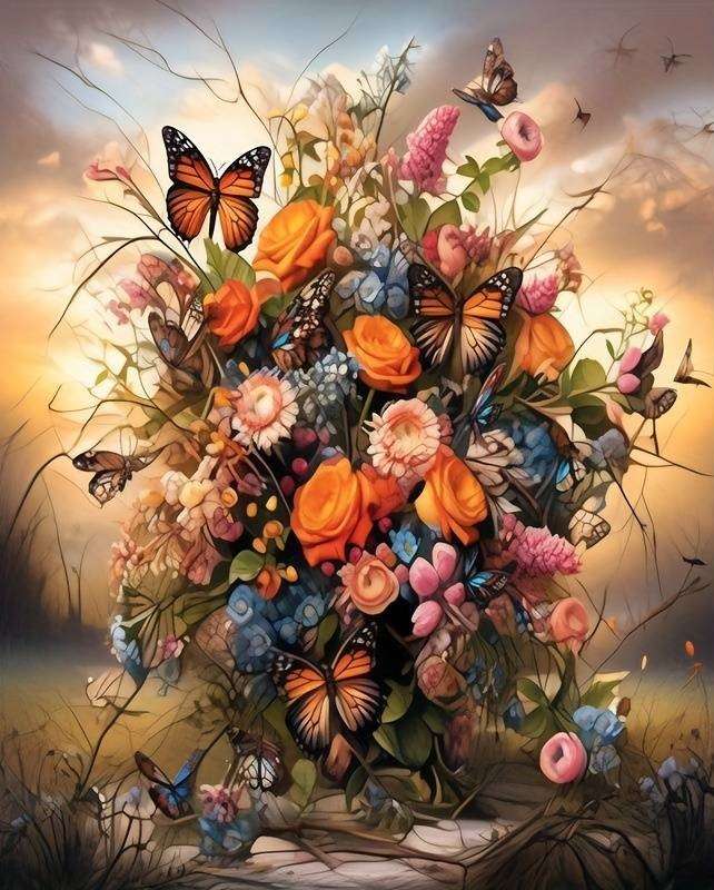 цветочная композиция с бабочками пазл онлайн