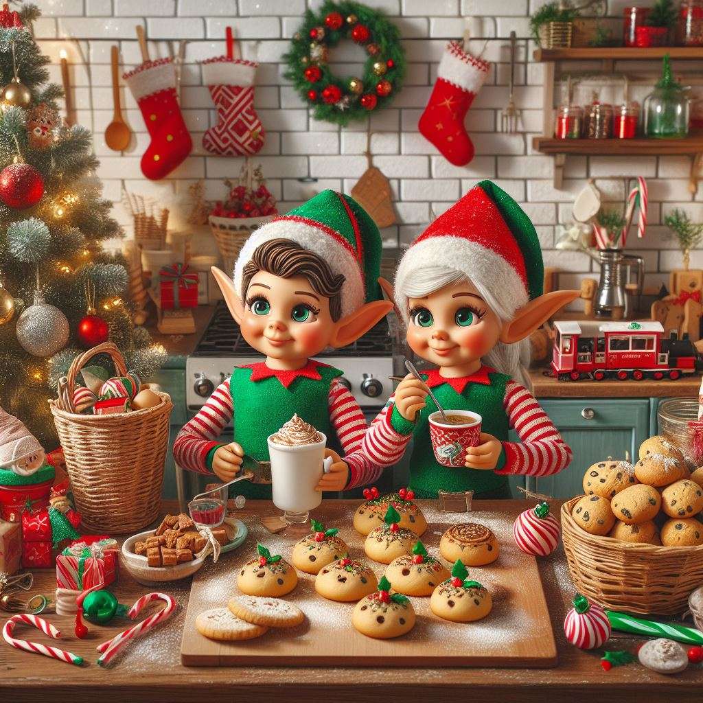 Los elfos navideños horneando tomenissars están horneando rompecabezas en línea
