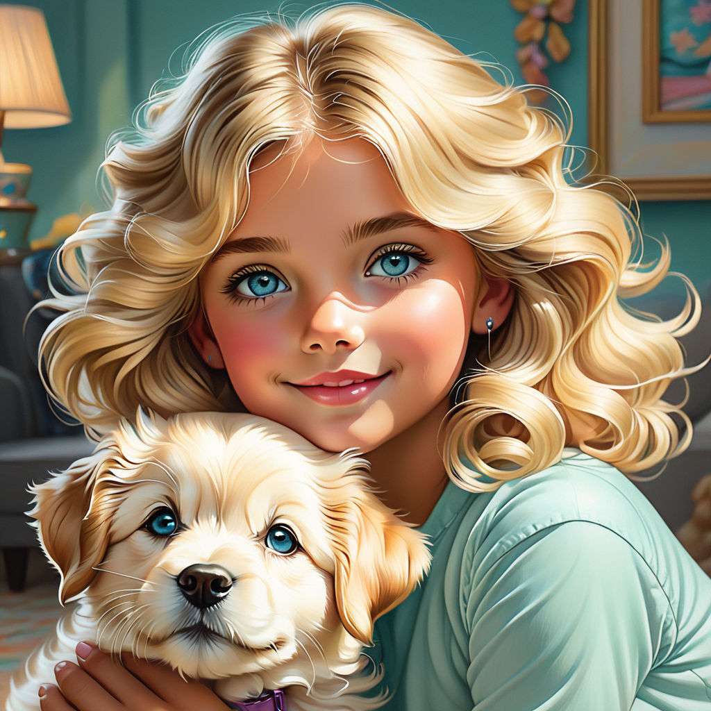 Dívka s vlnitými blond vlasy a štěně skládačky online