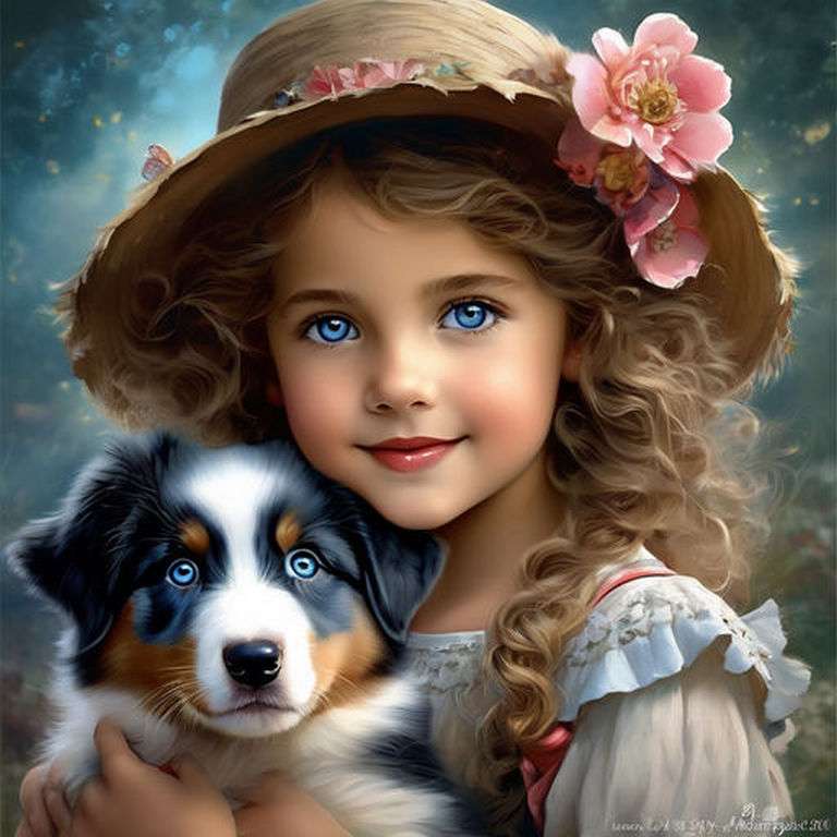 Bellissima bambina con un cucciolo australiano puzzle online