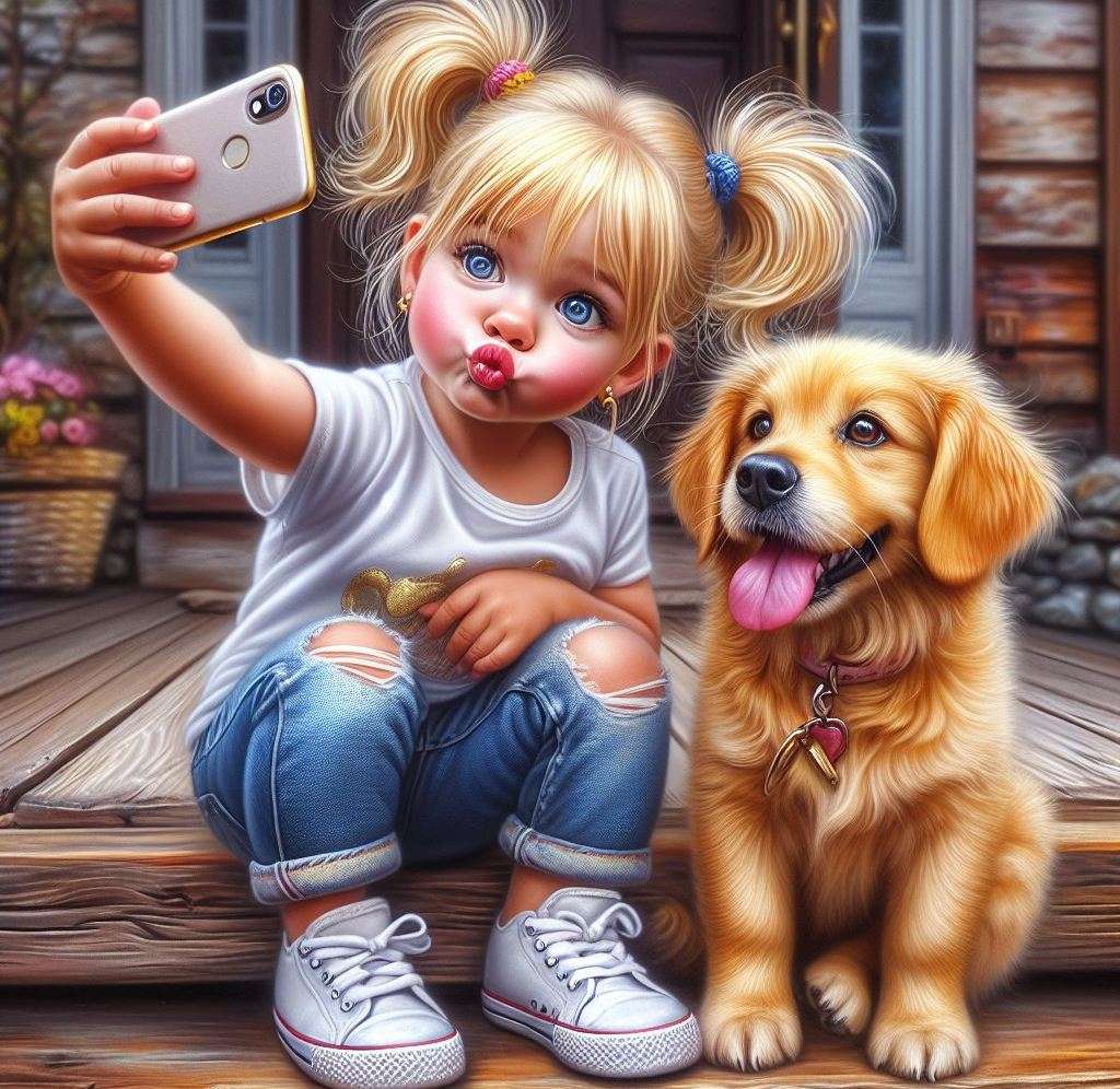 En liten flicka tar en bild av en söt fluffig valp pussel på nätet