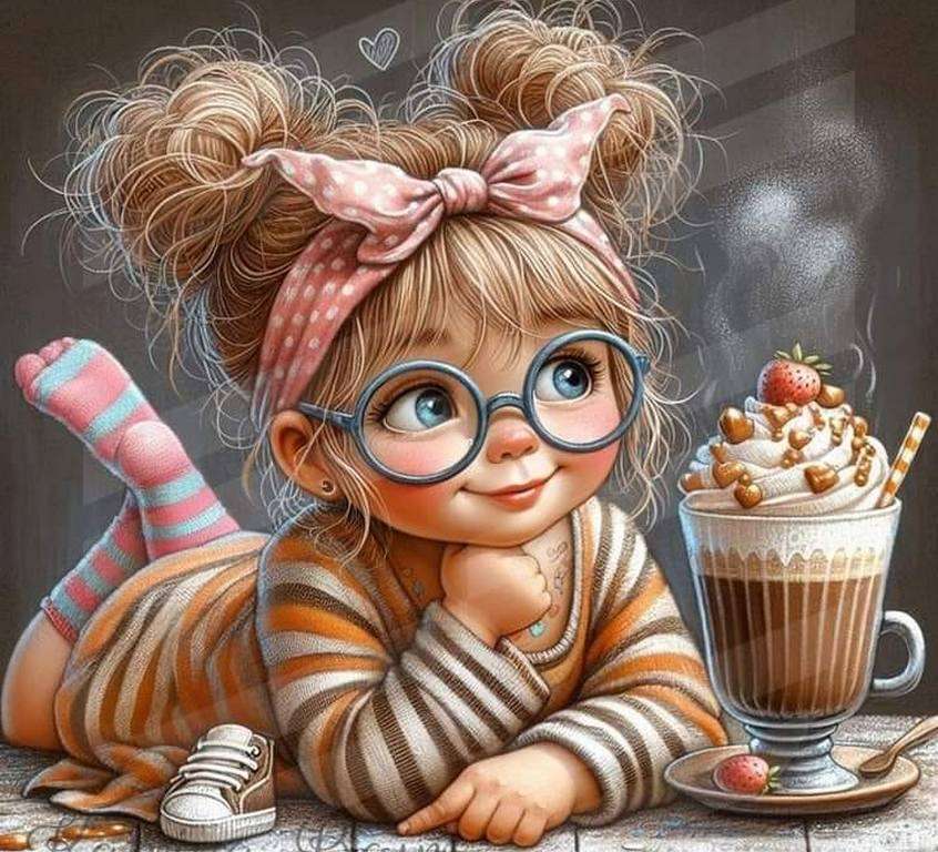En liten flicka och en cappuccino Pussel online