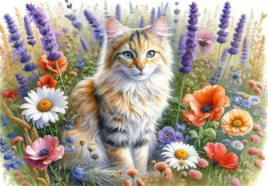 Venkovská kočka mezi květinami skládačky online