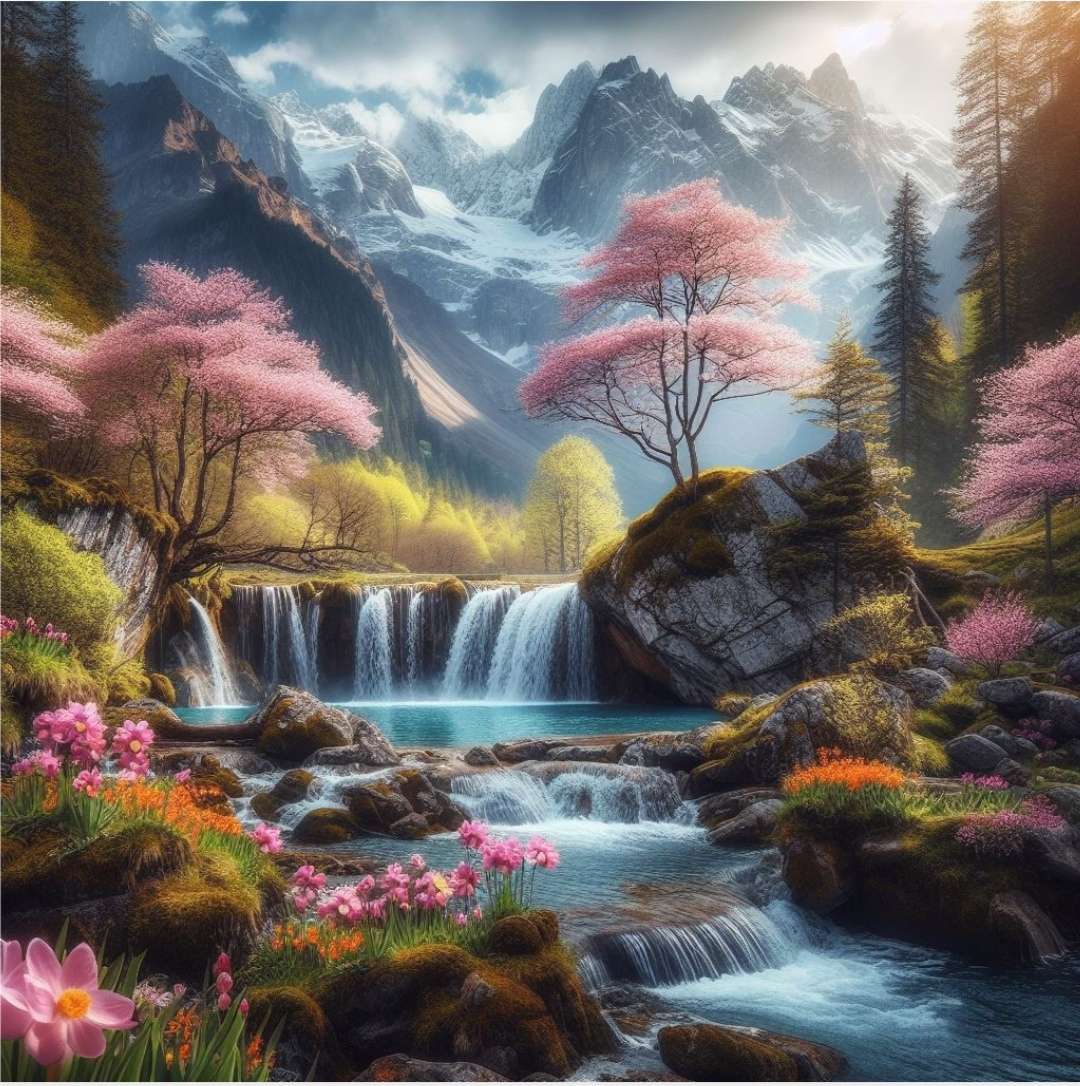 Waterfall in the mountains Al online puzzle