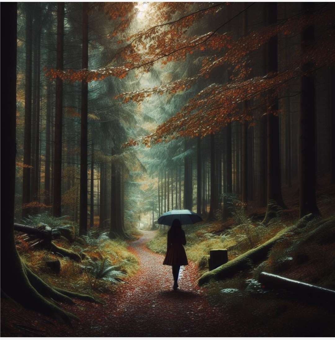 Момиче с чадър в гората Ал онлайн пъзел