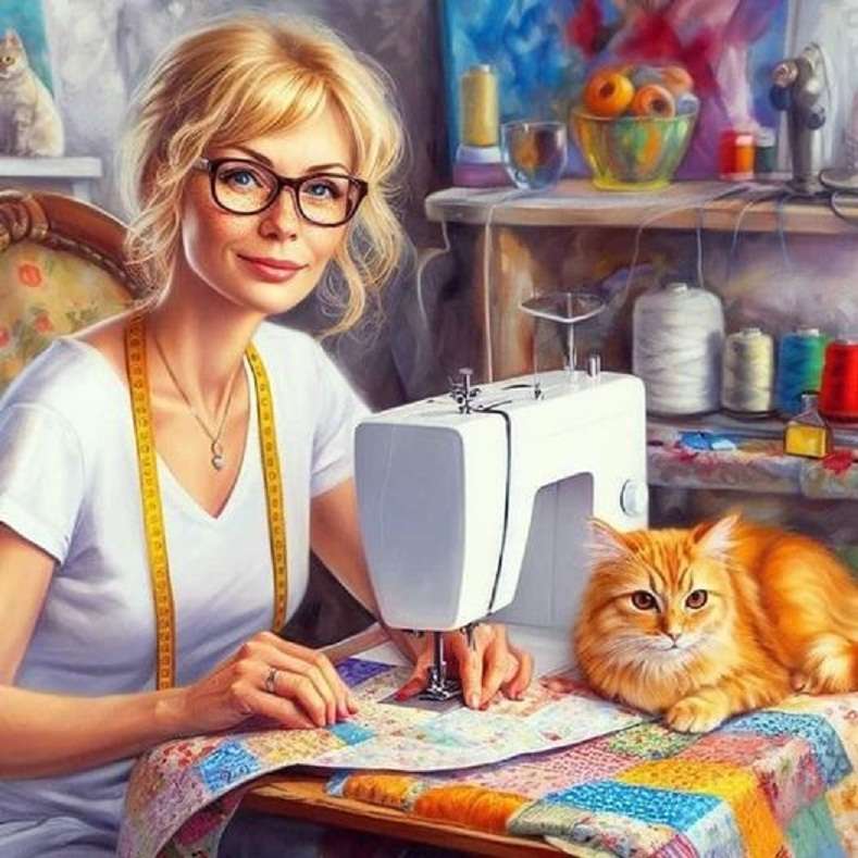 Señora costurera con gatito rompecabezas en línea