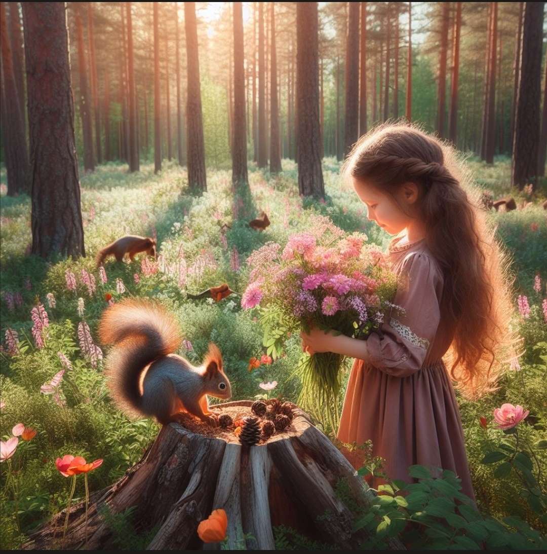 En flicka med blommor i skogen Al pussel på nätet