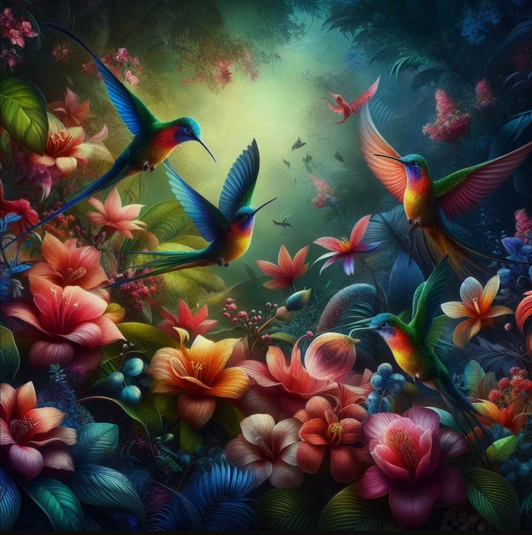 Hummingbirds and flowers Al online puzzle