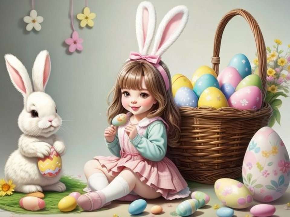 Счастливой Пасхи с кроликами и яйцами! онлайн-пазл