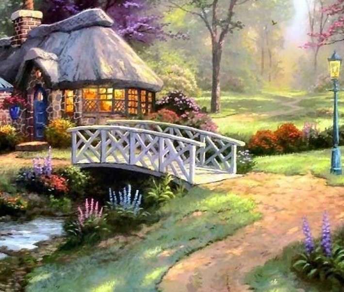 A thatched-roof house by the river jigsaw puzzle online