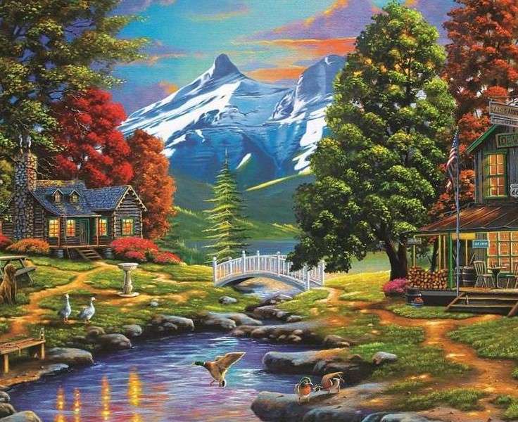 Case lângă râu în munți jigsaw puzzle online