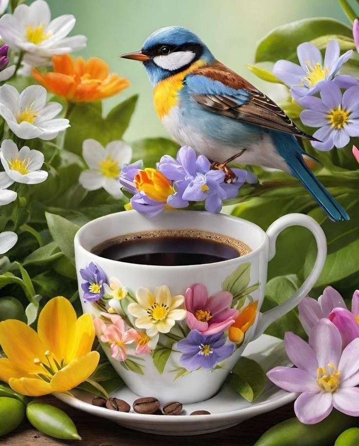 Kaffee mit einem Vogel Online-Puzzle