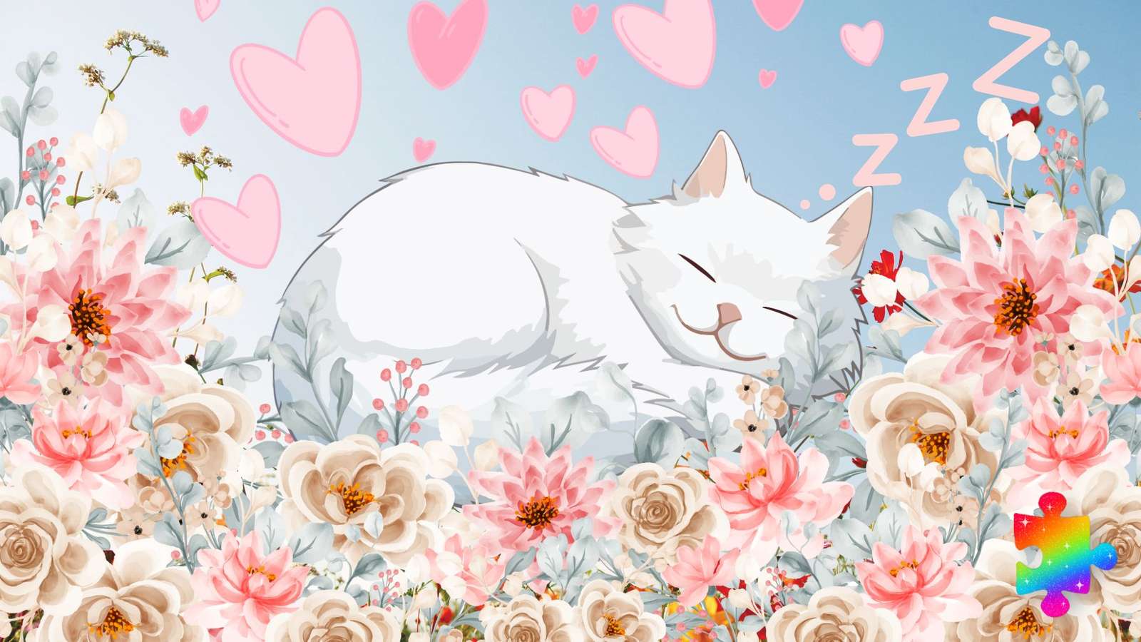 Gatito de flores soñoliento rompecabezas en línea