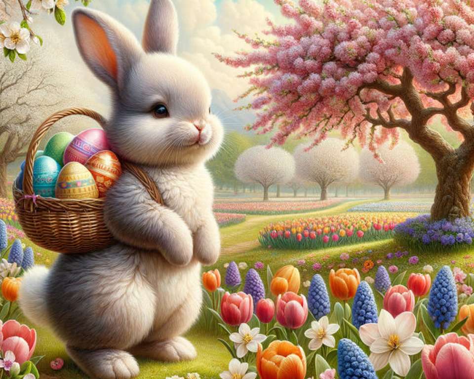 Счастливой Пасхи с кроликами и яйцами! пазл онлайн