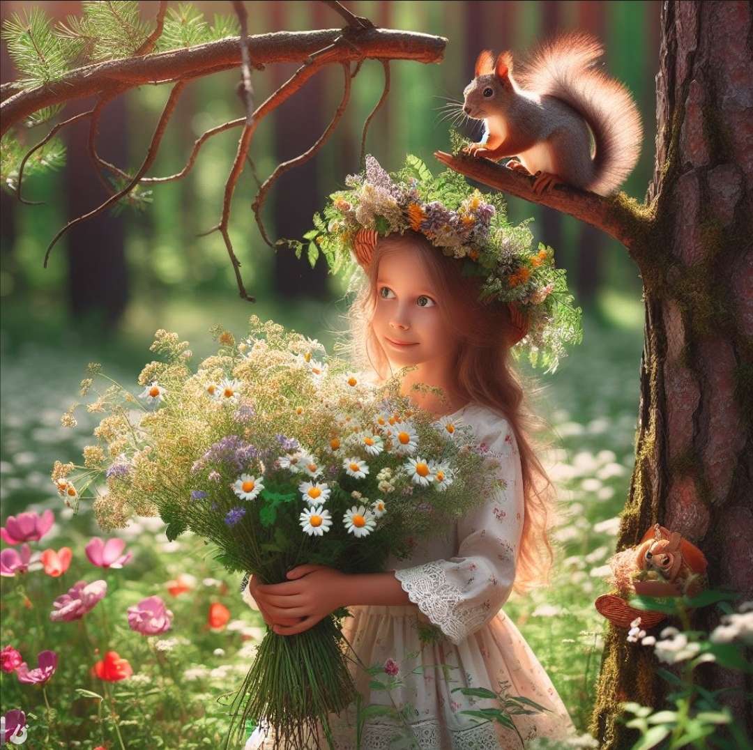 En flicka med en bukett vilda blommor Al Pussel online
