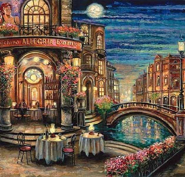 Cafe by the canal in the city jigsaw puzzle online
