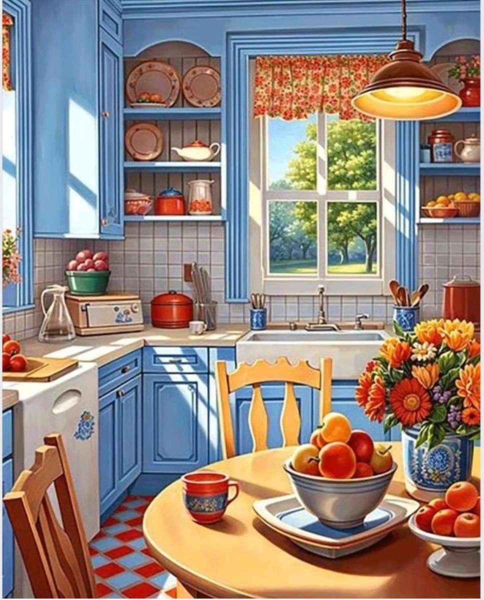 Blaue Küche mit Blumen. Puzzlespiel online