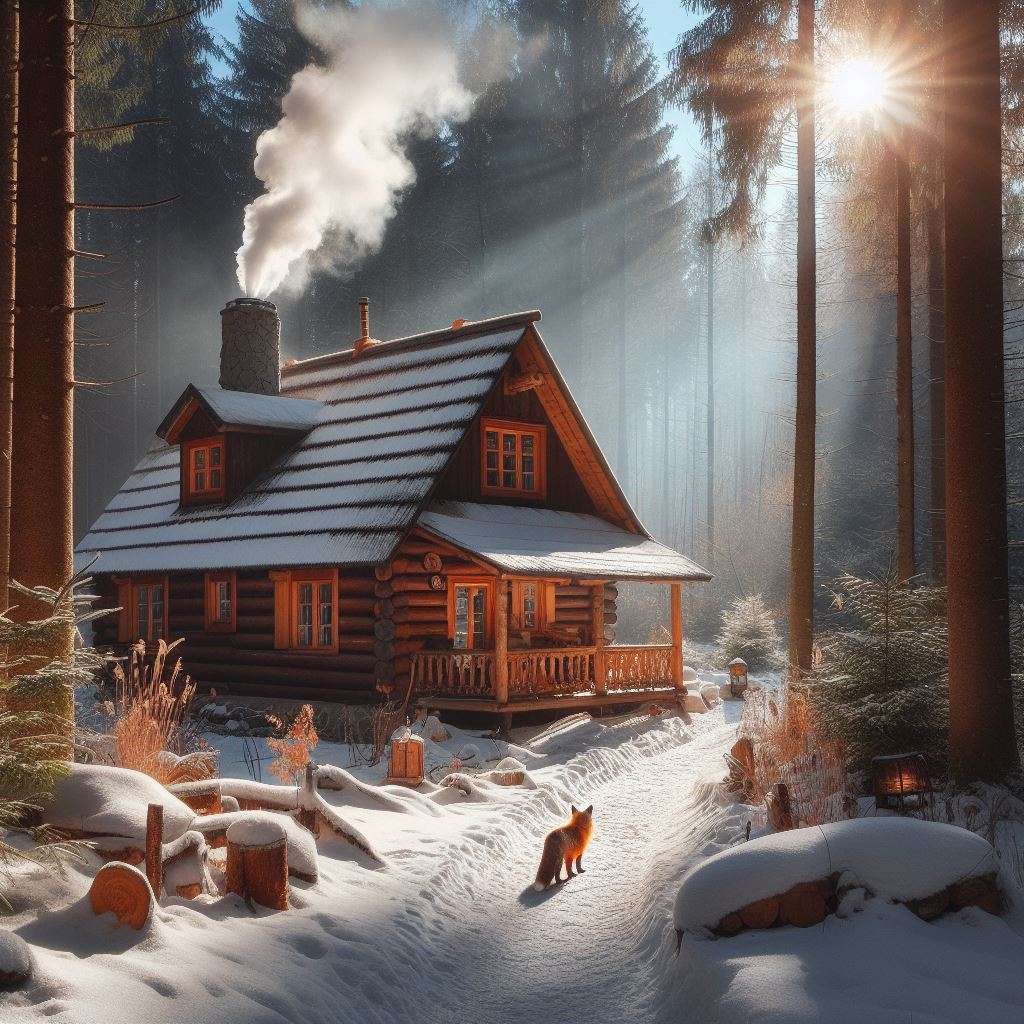 Téli erdő és ház Al online puzzle