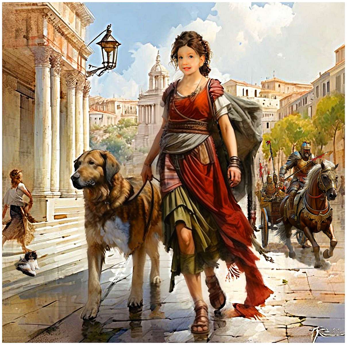 Canis vaktar sin älskarinna på en promenad i Rom. pussel på nätet
