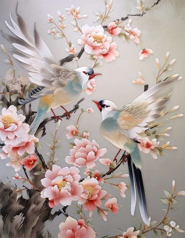 păsări pe o ramură de cireș - artă japoneză puzzle online