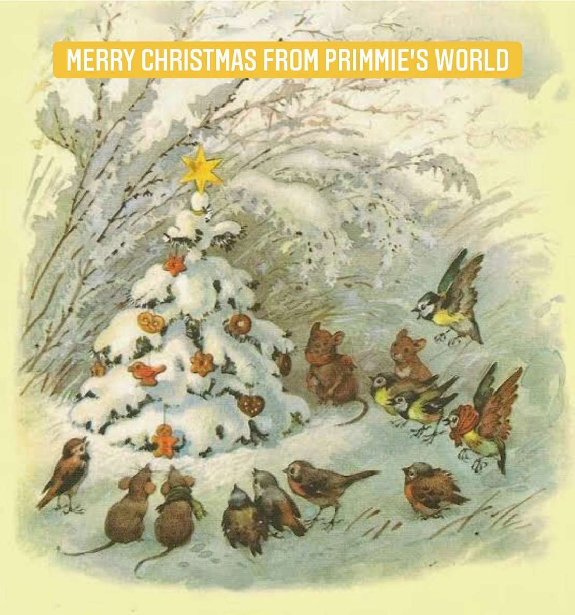 möss, fåglar framför sin julgran Pussel online