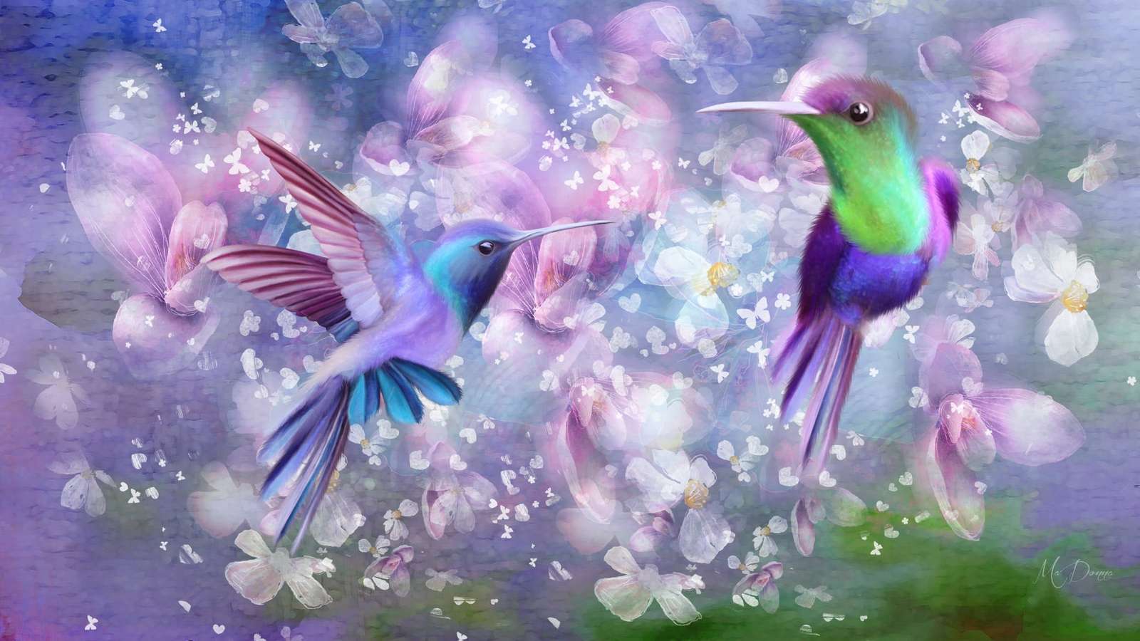 Колибри среди цветов - Colibris mignons. онлайн-пазл