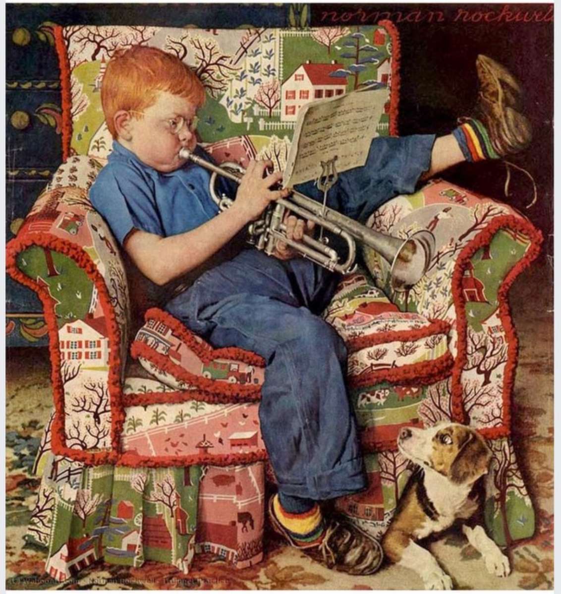 Relaxando no ensaio de trompete em uma cadeira aconchegante. puzzle online