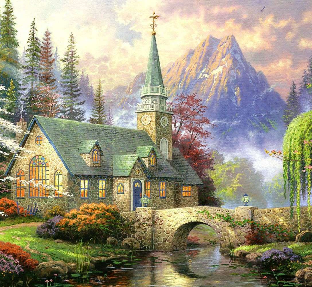 Церковь в горах у реки пазл онлайн