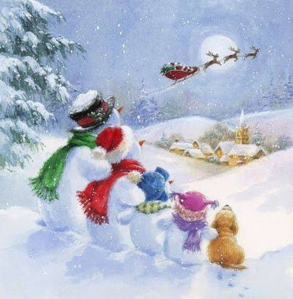 bonecos de neve olham para o Papai Noel quebra-cabeças online