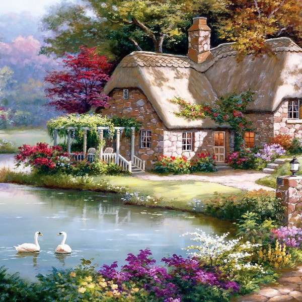 Swans in the pond by the house online puzzle