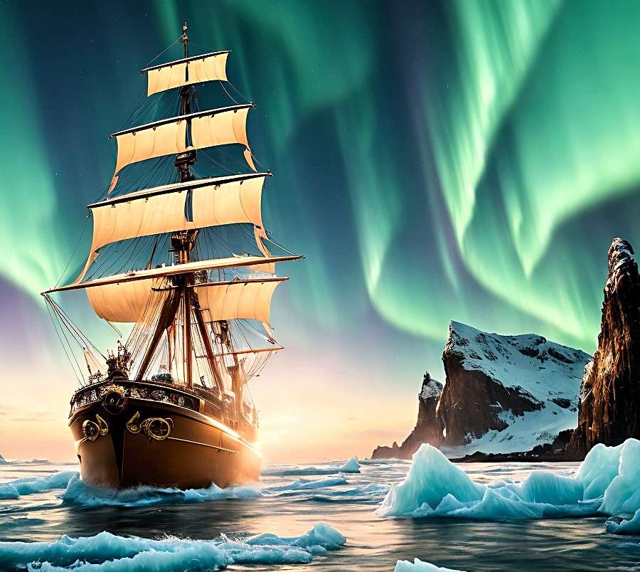 Nava cu vele pe mare și aurora boreală puzzle online