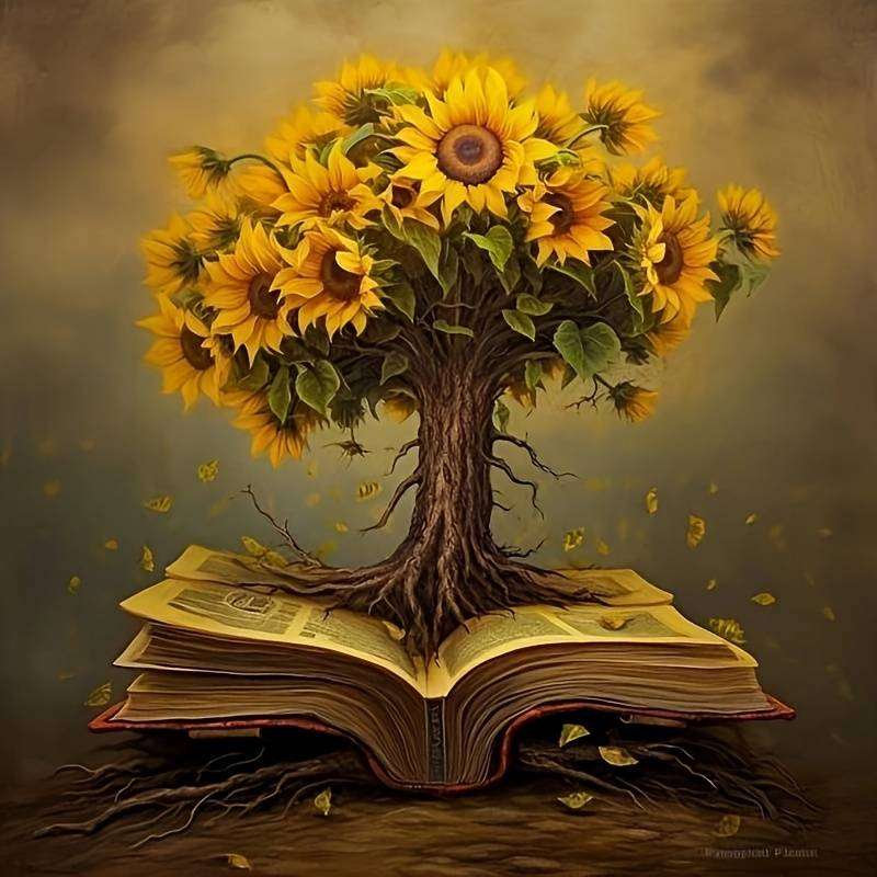 книга, дерево, цветы онлайн-пазл