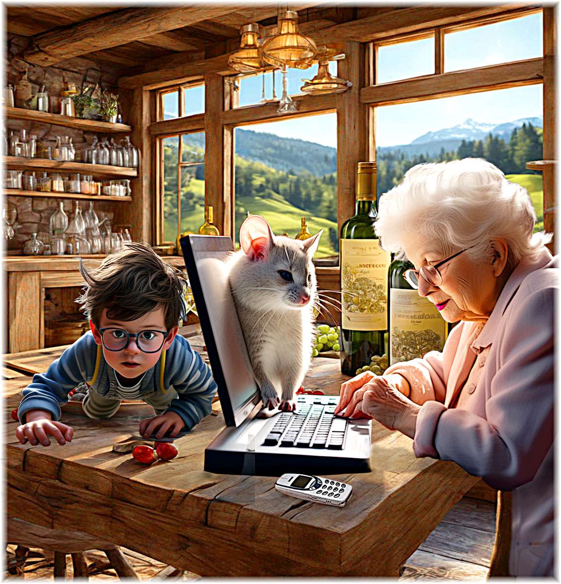 Баба има проблеми с първия си сензорен екран. онлайн пъзел