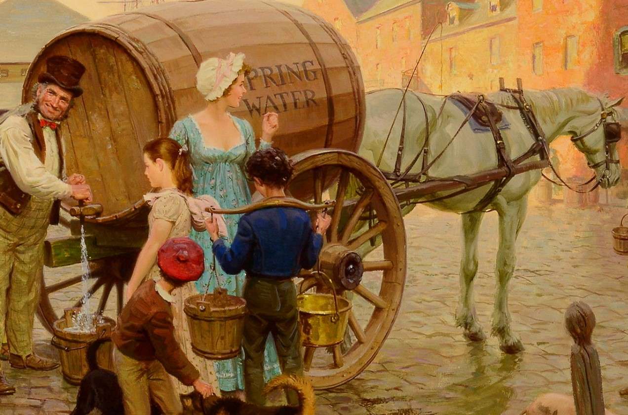 People at the barrel wagon in Tom Lovell's painting online puzzle