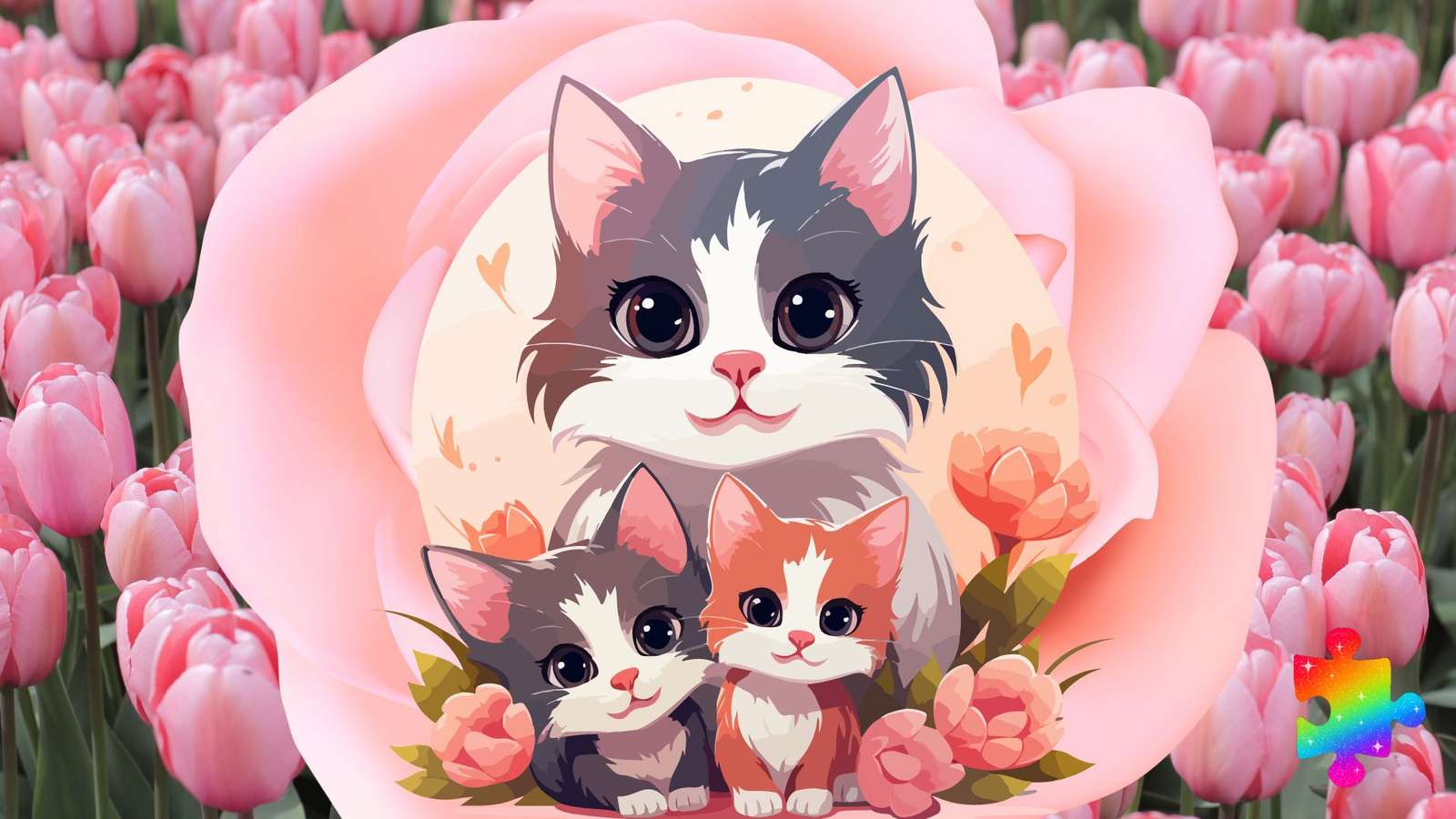 Pisici cu flori roz jigsaw puzzle online