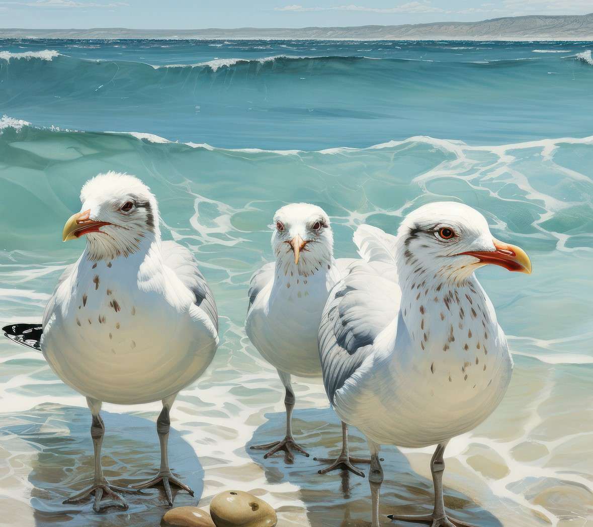 Τρεις γλάροι στην παραλία της θάλασσας παζλ online