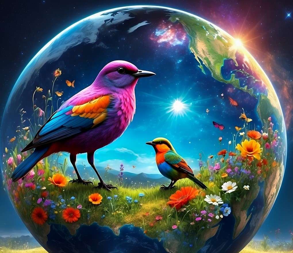 Två färgglada fåglar i en boll Pussel online
