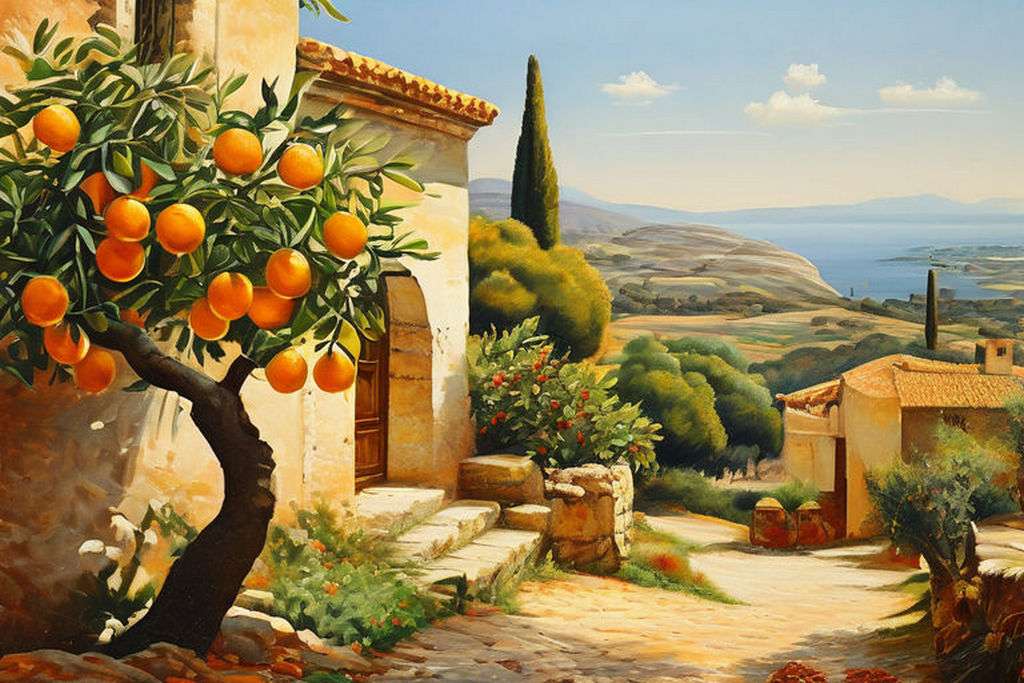 Μεσογειακό τοπίο με τα πορτοκάλια παζλ online