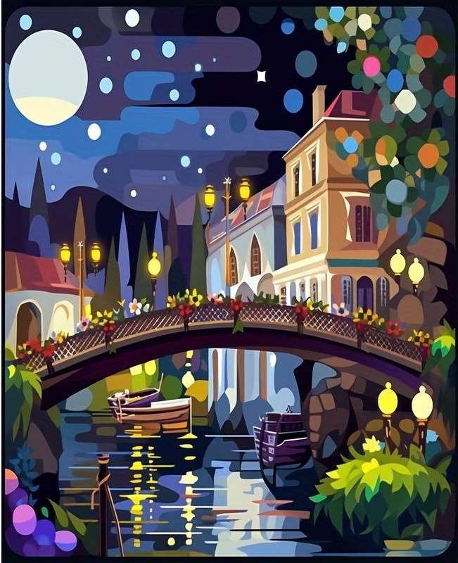 stad på natten - målning Pussel online
