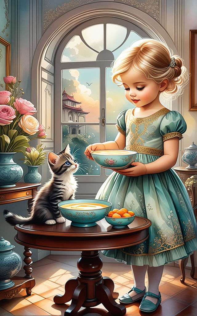 Kislány kínál tejet aranyos cica online puzzle