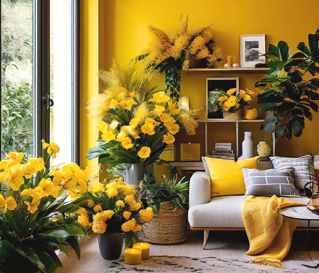 Um quarto com flores amarelas quebra-cabeças online