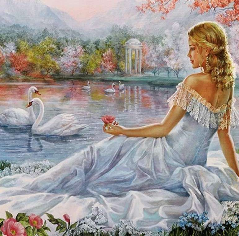 Dama junto al estanque con cisnes. rompecabezas en línea