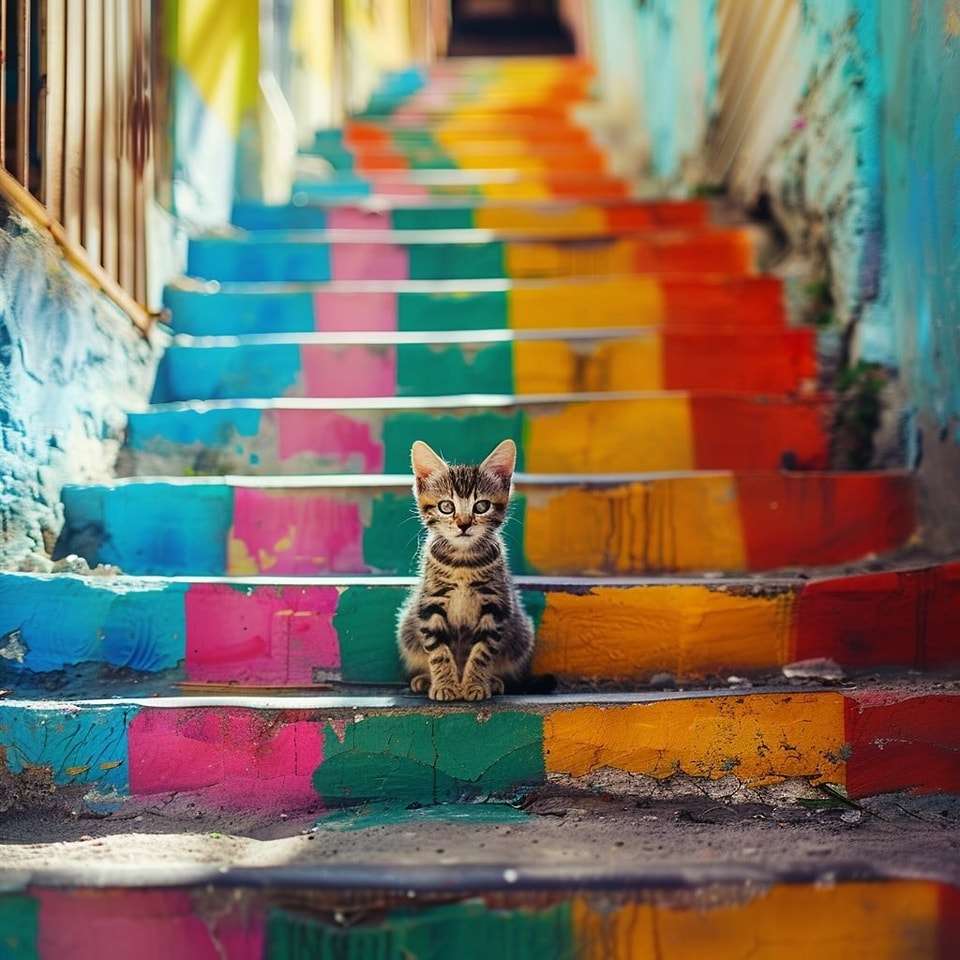 кот на лестнице онлайн-пазл